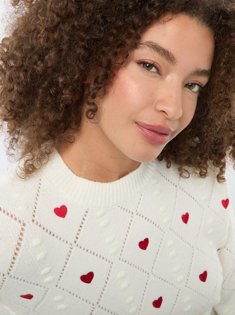 Jersey de punto grueso con estampado de corazones Blanco - Kiabi