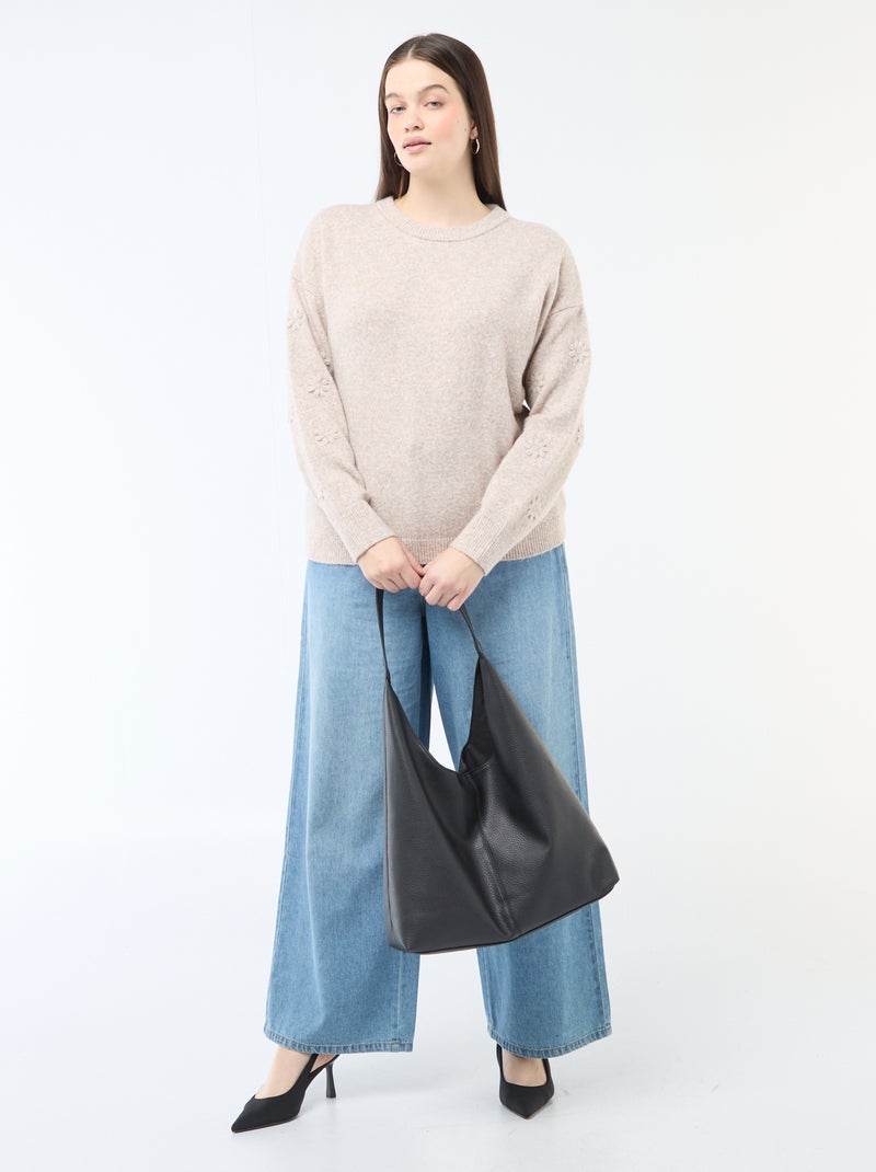 Jersey de punto grueso de manga larga con bordados de flores Marron - Kiabi