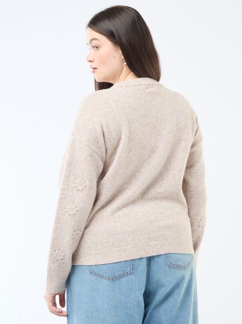 Jersey de punto grueso de manga larga con bordados de flores Marron - Kiabi