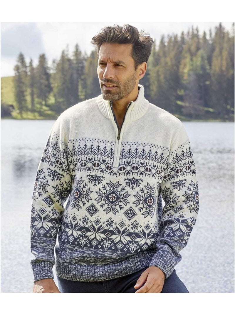 Jersey de punto jacquard con cuello camionero y cremallera Blanco Azul - Kiabi