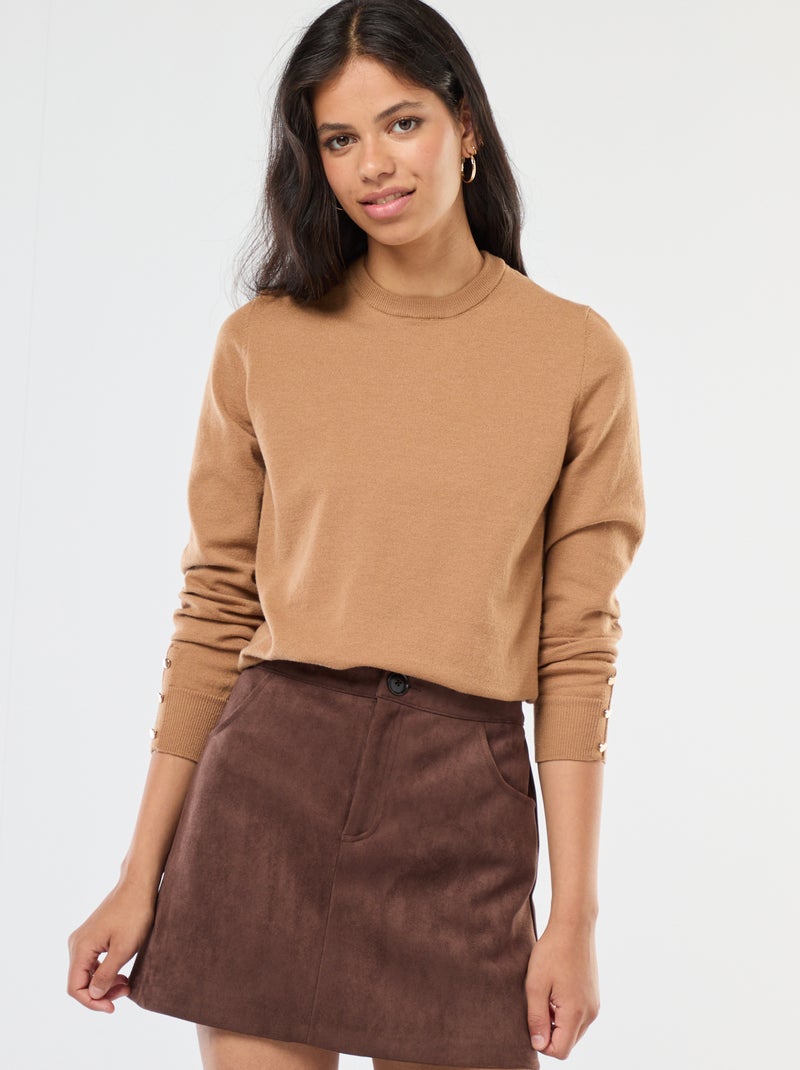 Jersey de punto ligero con cuello redondo Beige - Kiabi