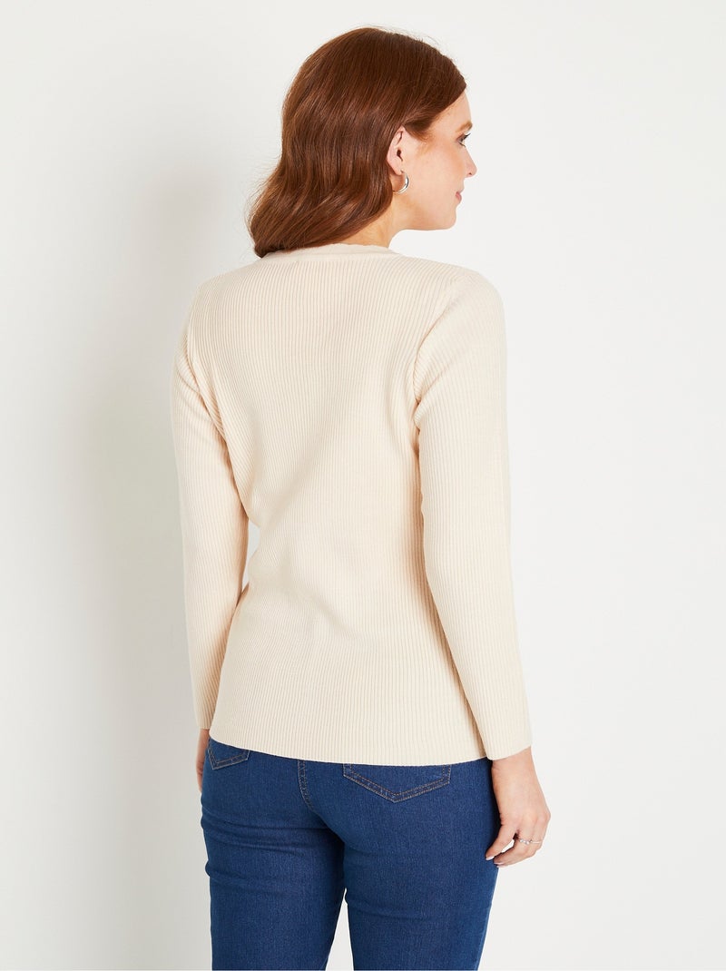 Jersey de punto liso fino con cuello en V - Afibel Beige - Kiabi
