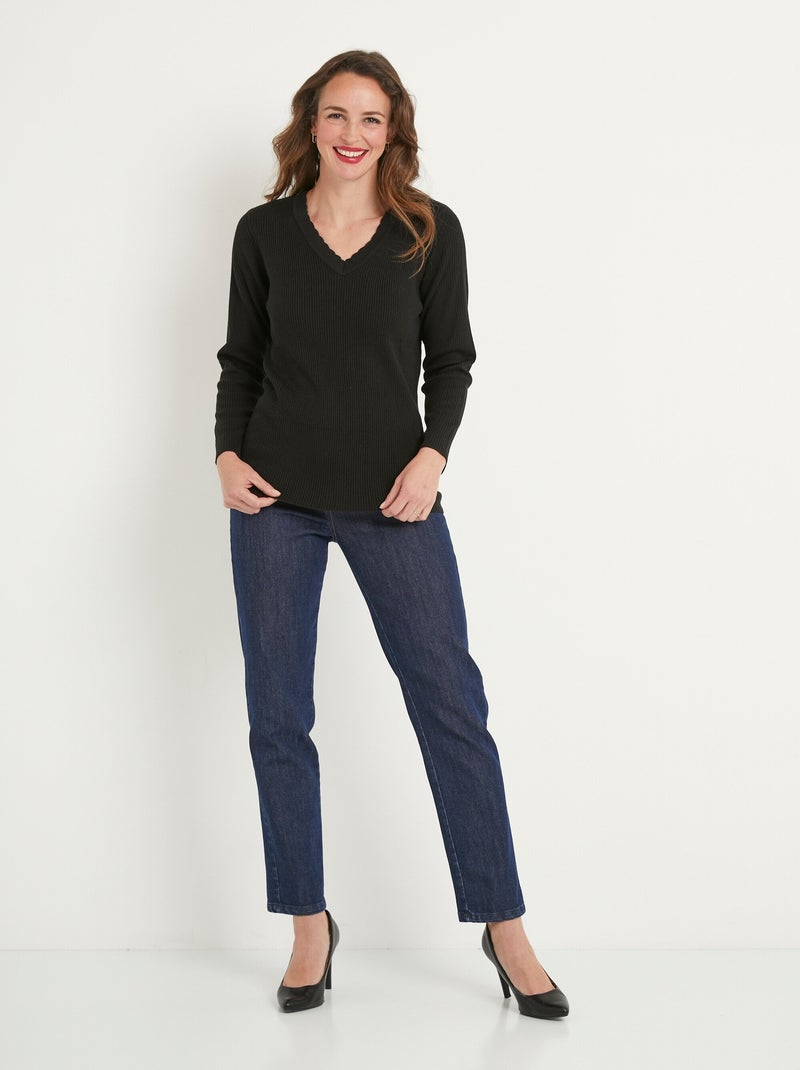 Jersey de punto liso fino con cuello en V - Afibel Negro - Kiabi