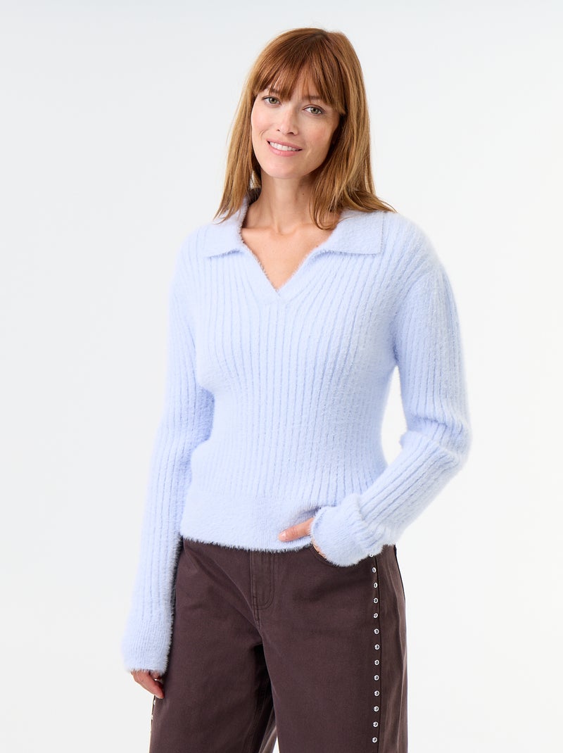 Jersey de punto peludo con cuello polo Azul - Kiabi