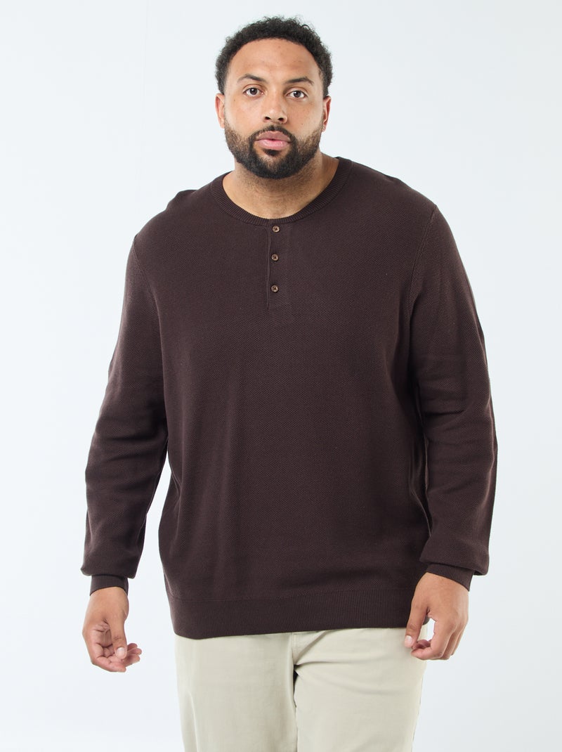 Jersey de punto piqué con cuello redondo abotonado Marron - Kiabi
