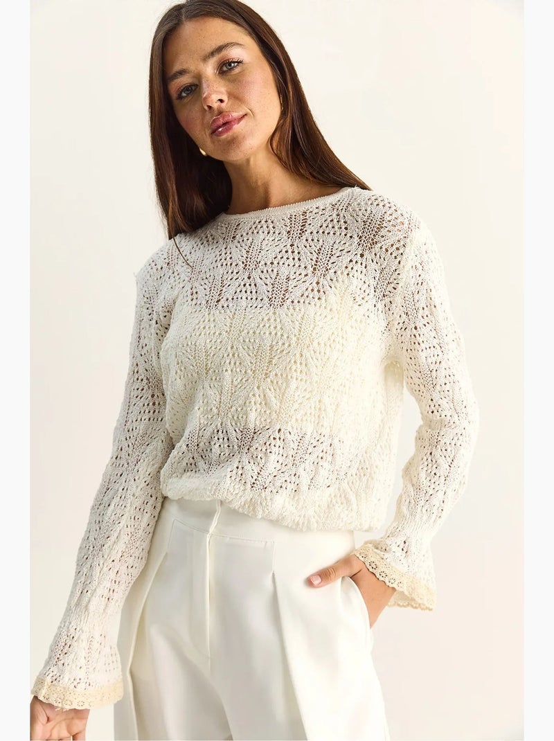 Jersey de punto texturizado con cuello redondo y volantes lucci Marfil - Kiabi