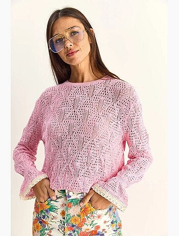 Jersey de punto texturizado con cuello redondo y volantes lucci