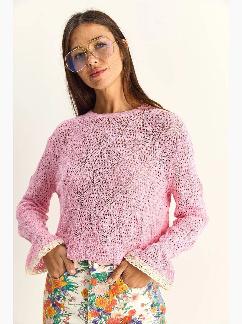 Jersey de punto texturizado con cuello redondo y volantes lucci Rosa claro - Kiabi