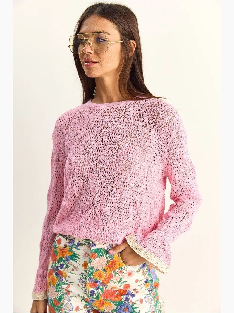 Jersey de punto texturizado con cuello redondo y volantes lucci Rosa claro - Kiabi
