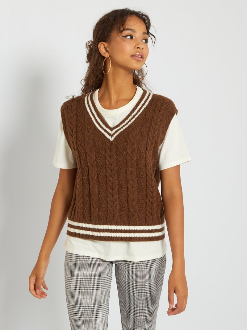 Jersey de punto trenzado castaño oscuro - Kiabi