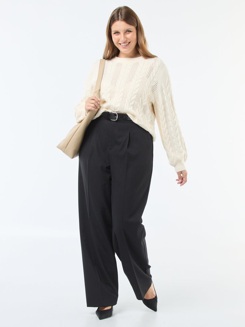 Jersey de punto trenzado y calado con cuello redondo Beige - Kiabi