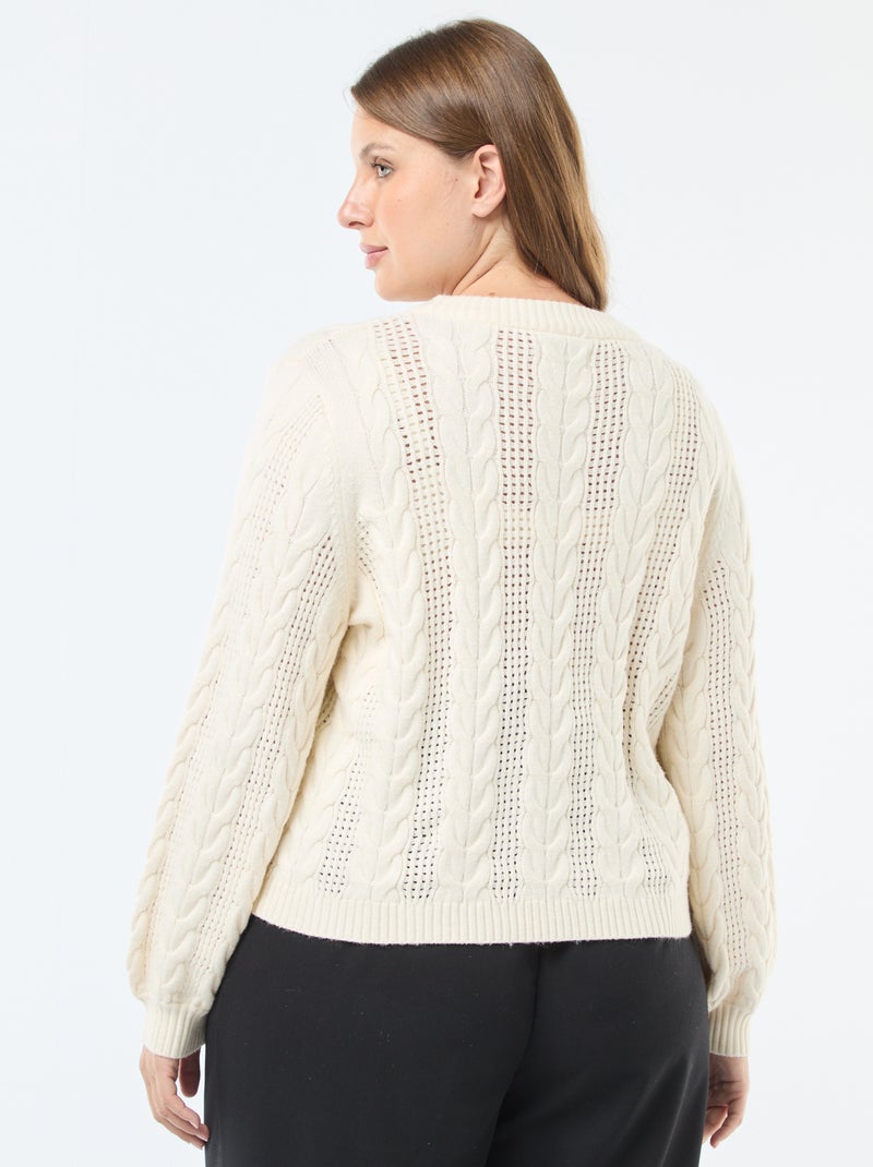 Jersey de punto trenzado y calado con cuello redondo Beige - Kiabi