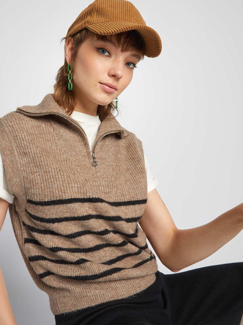 Jersey de rayas con cremallera en el cuello BEIGE - Kiabi