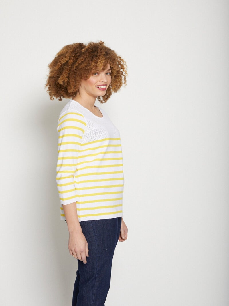 Jersey de rayas con punto calado y cuello redondo - Afibel Amarillo - Kiabi