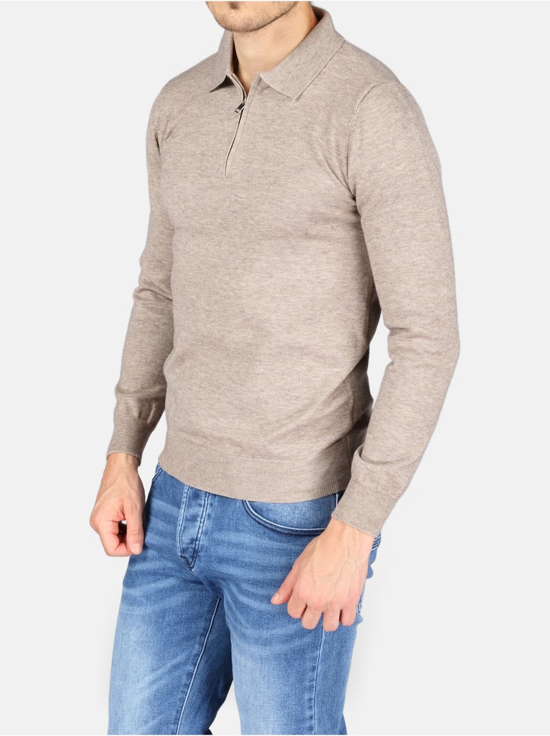 Jersey de vestir con cuello polo y cremallera - Kenzarro Taupe - Kiabi