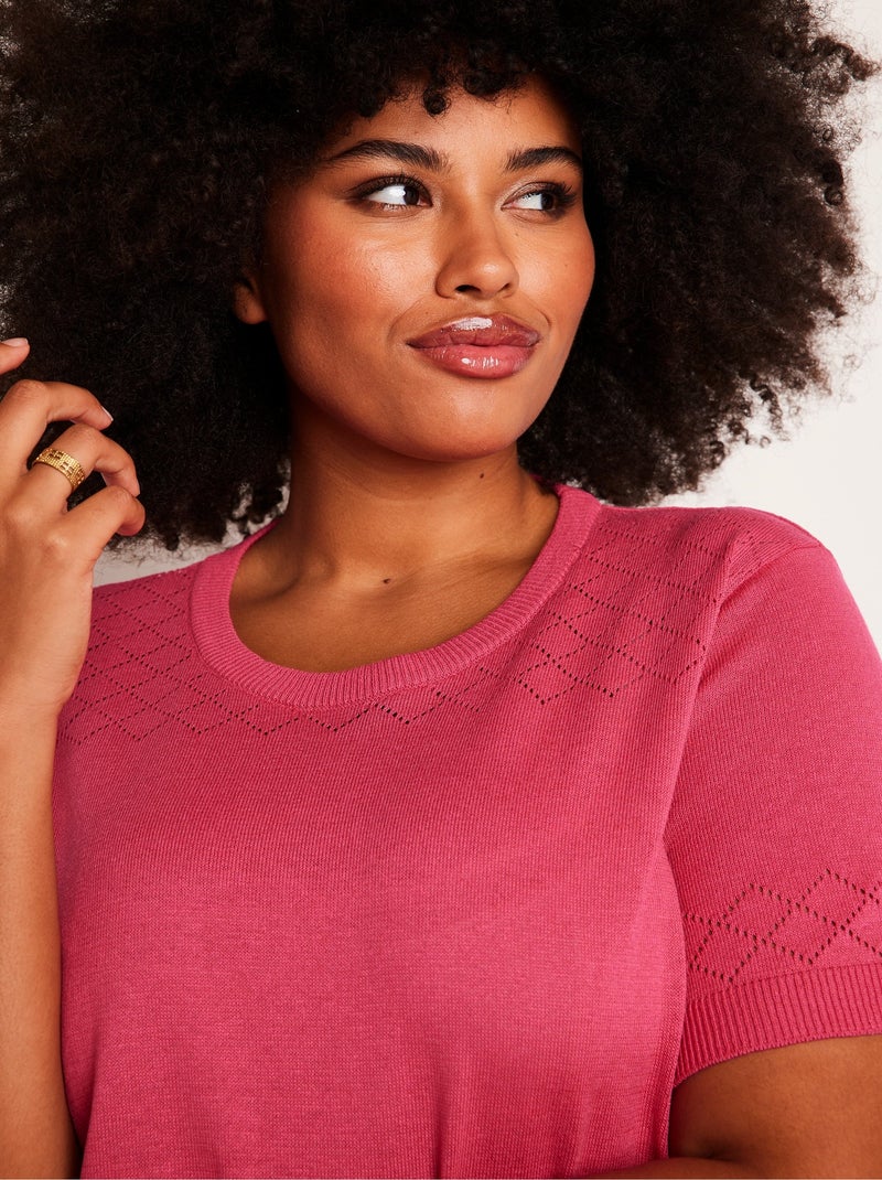 Jersey fino calado de manga corta - Afibel Rosa - Kiabi