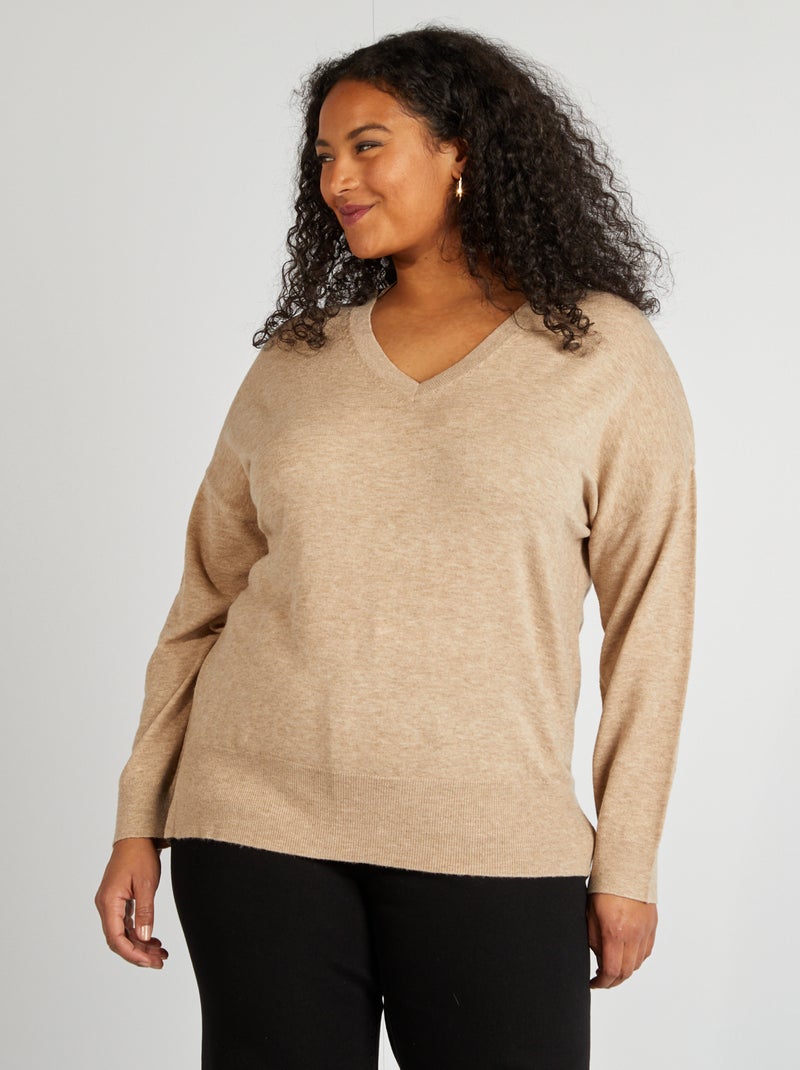 Jersey fino con cuello de pico BEIGE - Kiabi
