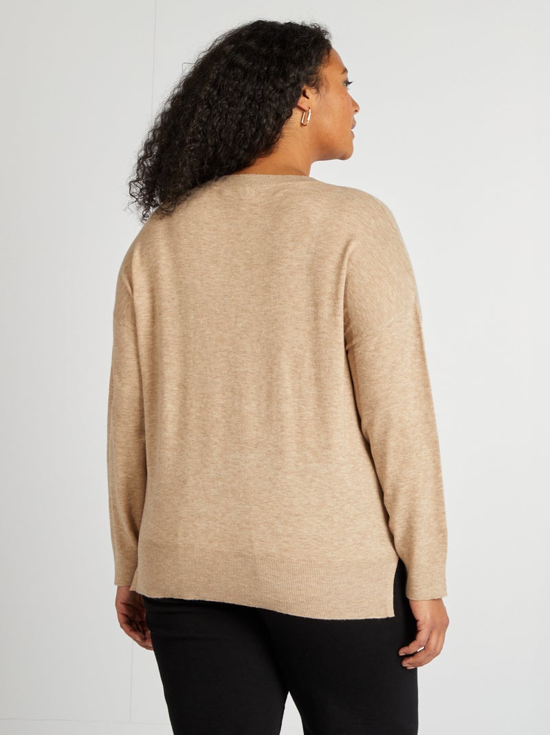 Jersey fino con cuello de pico BEIGE - Kiabi