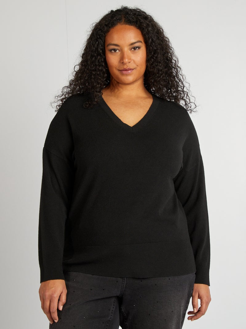 Jersey fino con cuello de pico negro - Kiabi