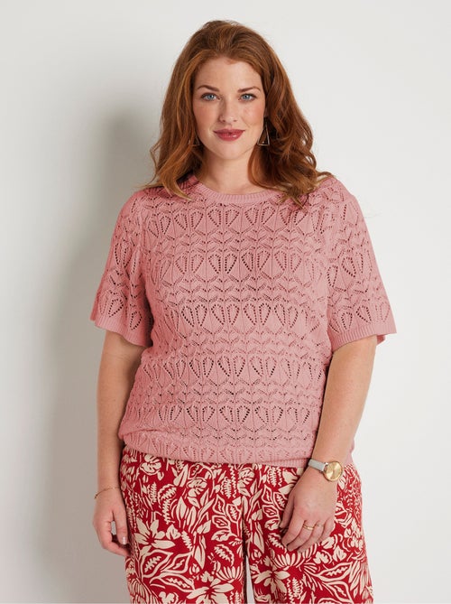 Jersey fino de algodón calado de manga corta - Afibel - Kiabi