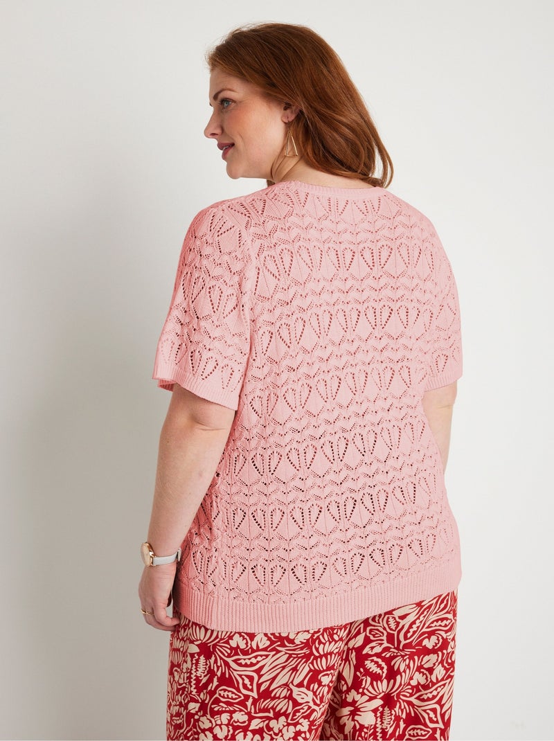 Jersey fino de algodón calado de manga corta - Afibel Rosa - Kiabi