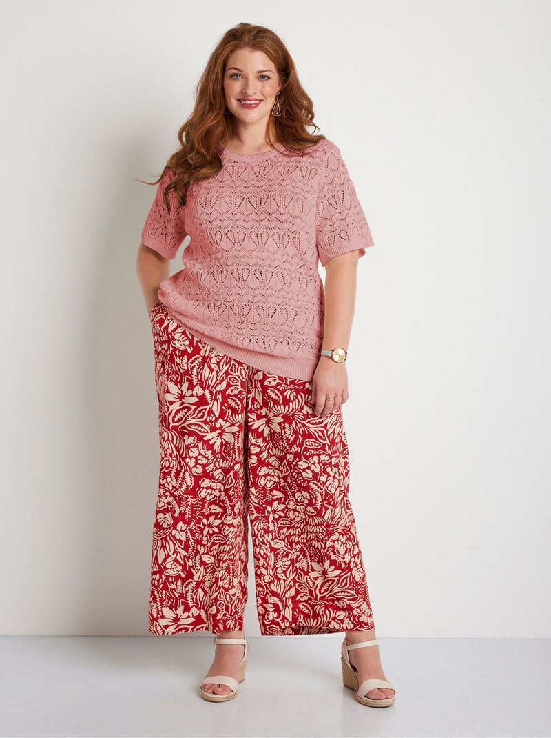Jersey fino de algodón calado de manga corta - Afibel Rosa - Kiabi