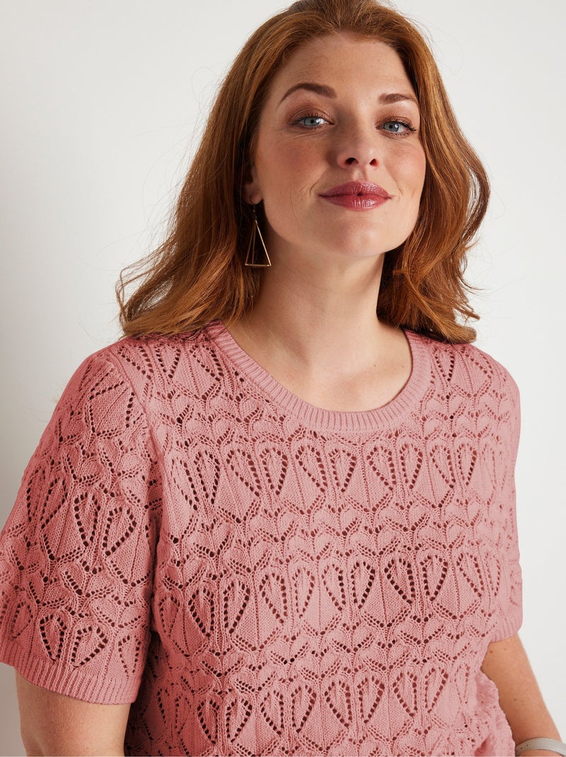 Jersey fino de algodón calado de manga corta - Afibel Rosa - Kiabi