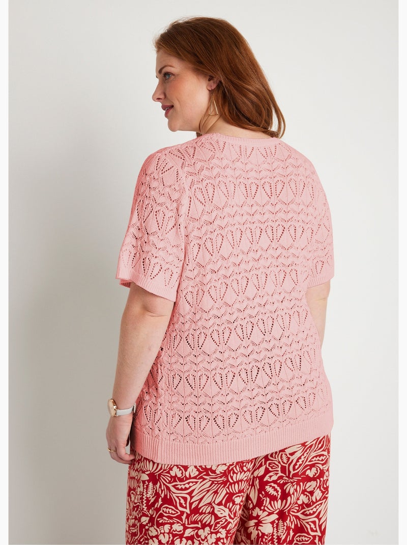 Jersey fino de algodón calado de manga corta - Afibel Rose poudré - Kiabi