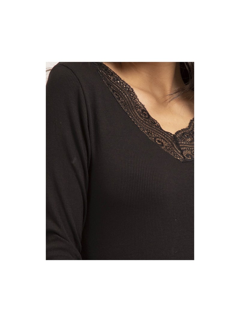 Jersey fino de cuello con encaje FALIA Negro - Kiabi