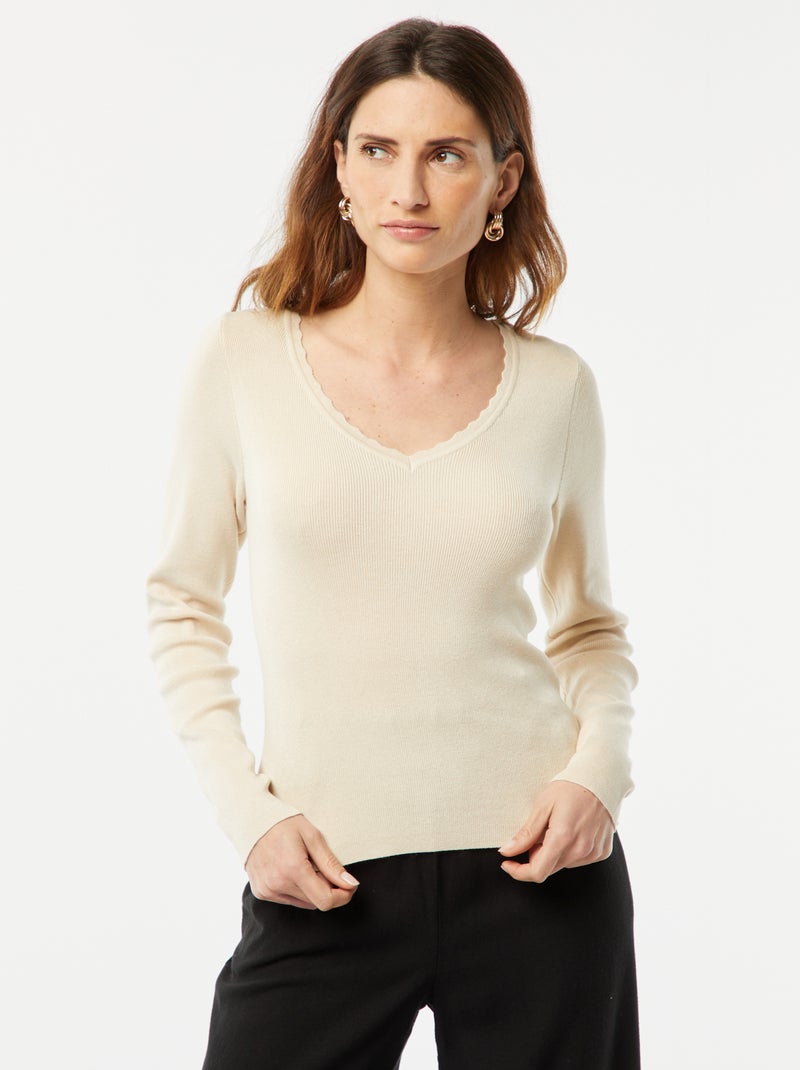 Jersey fino de manga larga con cuello de pico 'JDY' BEIGE - Kiabi