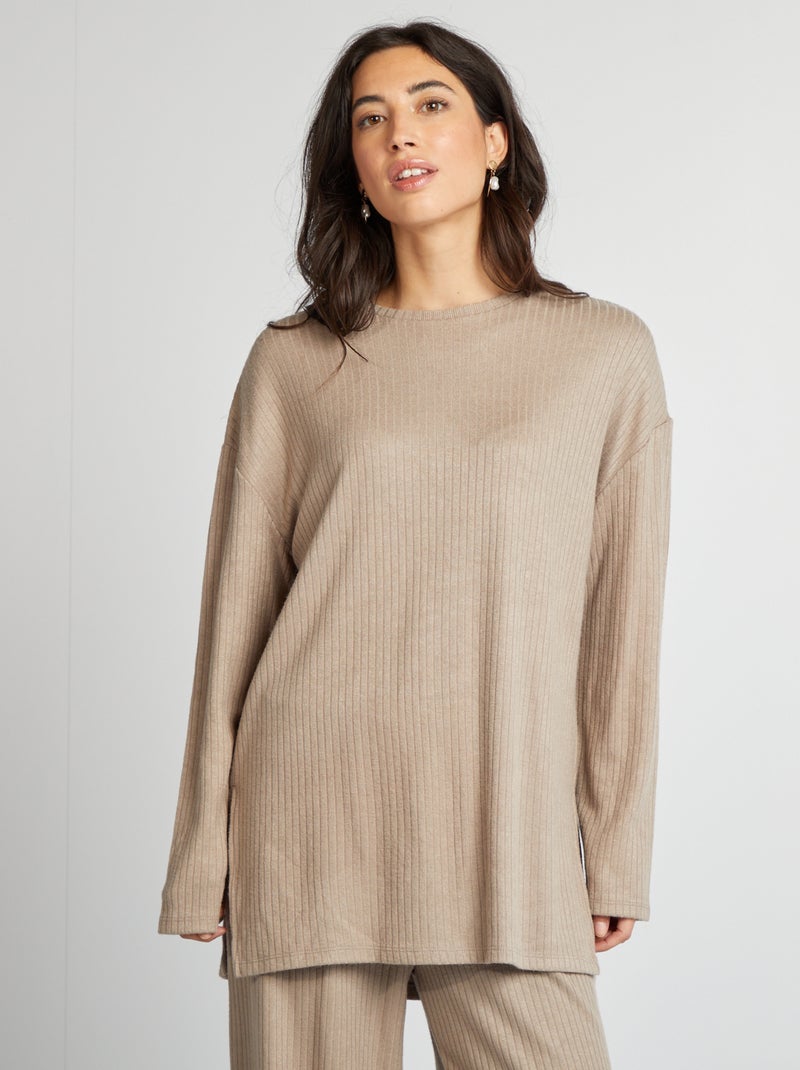 Jersey fino de punto de canalé MARRON - Kiabi