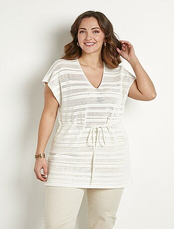 Jersey largo tipo túnica de playa de algodón con cuello de pico calado - Afibel