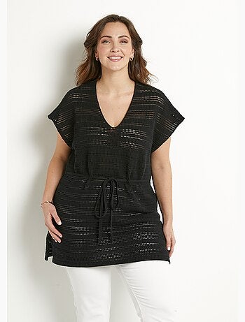 Jersey largo tipo túnica de playa de algodón con cuello de pico calado - Afibel