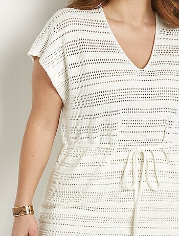 Jersey largo tipo túnica de playa de algodón con cuello de pico calado