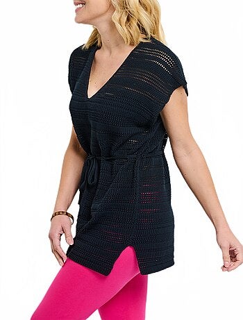 Jersey largo tipo túnica de playa de algodón con cuello de pico calado