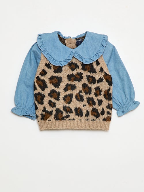 Jersey leopardo con cuello Claudine con volantes - Kiabi