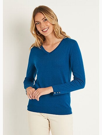 Jersey liso con cuello en V en lana merina - Afibel