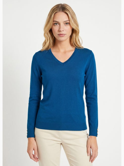 Jersey liso con cuello en V en lana merina - Afibel - Kiabi