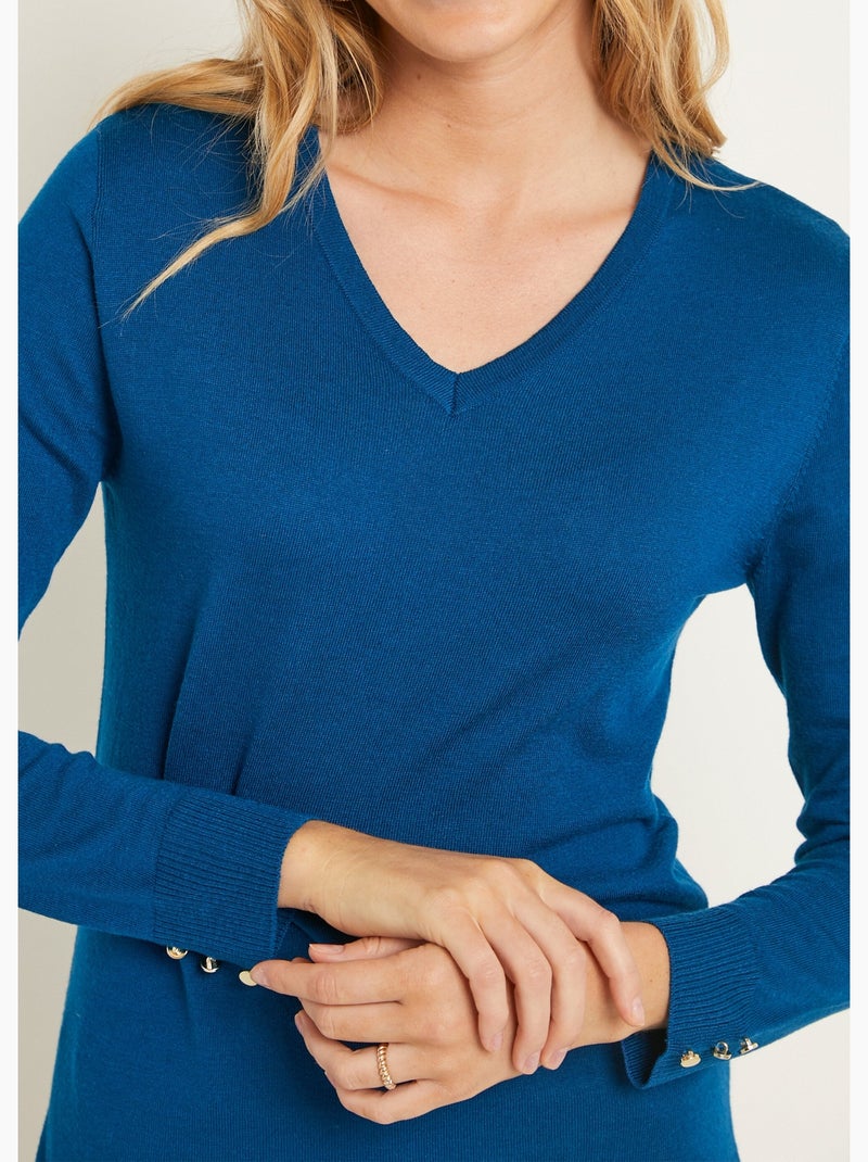 Jersey liso con cuello en V en lana merina - Afibel Azul petróleo - Kiabi