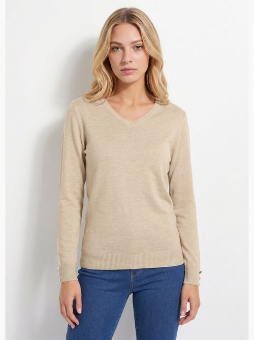 Jersey liso con cuello en V en lana merina - Afibel - Kiabi