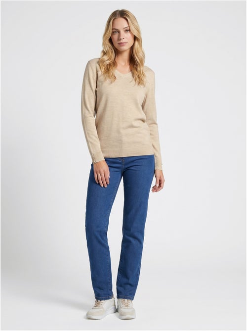 Jersey liso con cuello en V en lana merina - Afibel - Kiabi