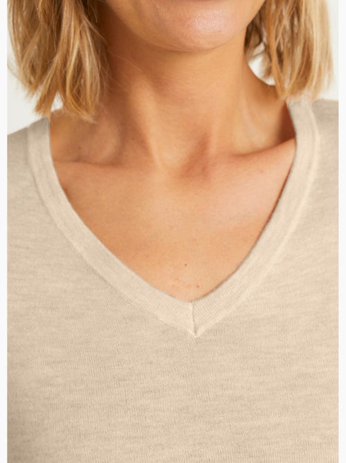 Jersey liso con cuello en V en lana merina - Afibel - Kiabi