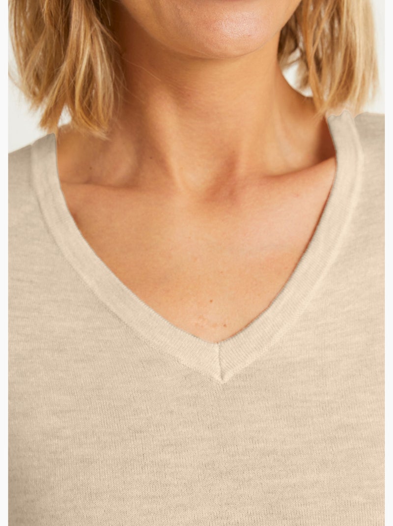 Jersey liso con cuello en V en lana merina - Afibel Beige - Kiabi
