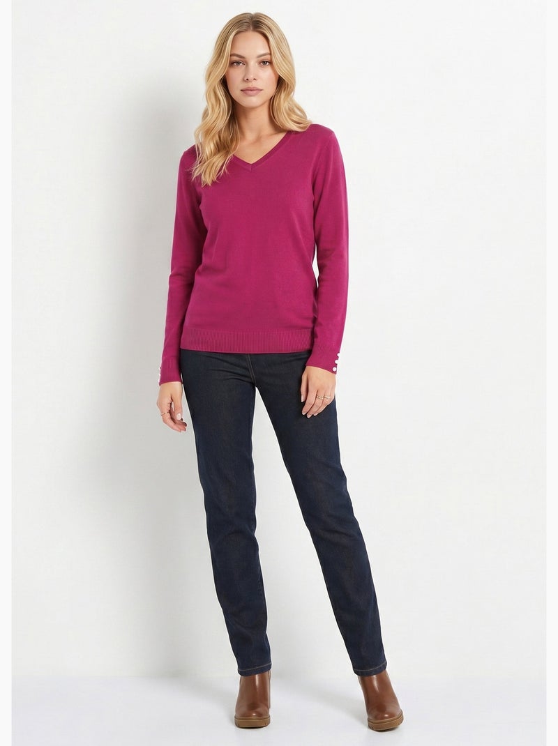 Jersey liso con cuello en V en lana merina - Afibel Violeta - Kiabi