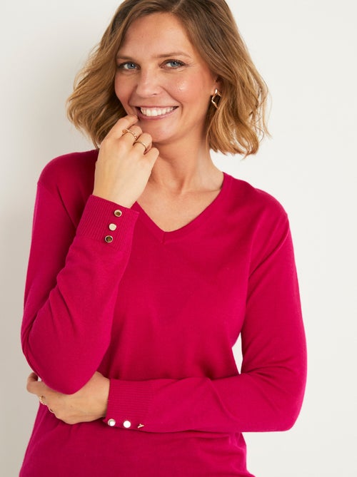 Jersey liso con cuello en V en lana merina - Afibel - Kiabi