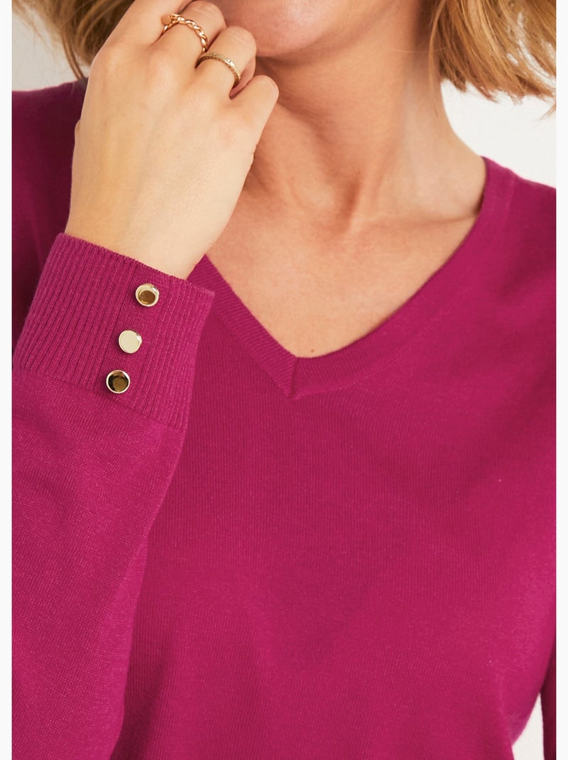 Jersey liso con cuello en V en lana merina - Afibel Violeta - Kiabi