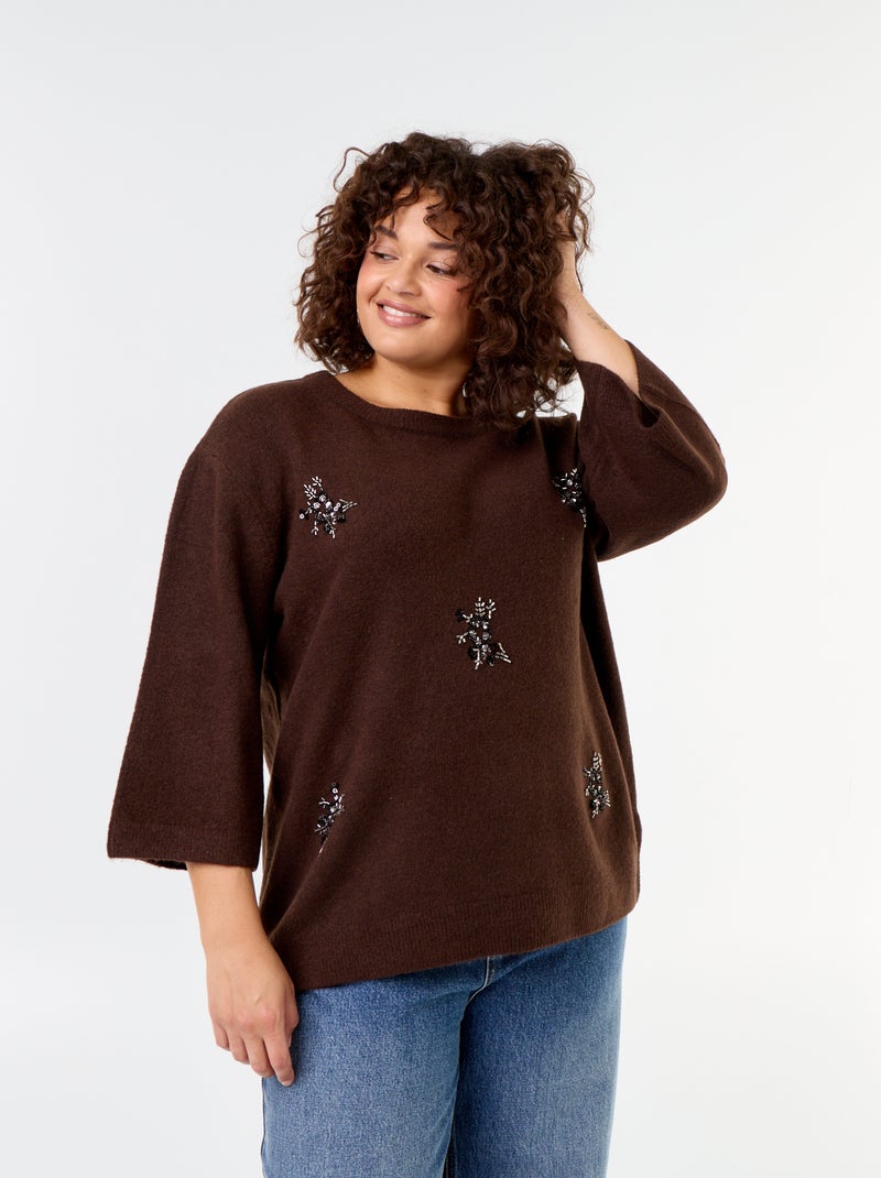 Jersey liso con strass Marron - Kiabi