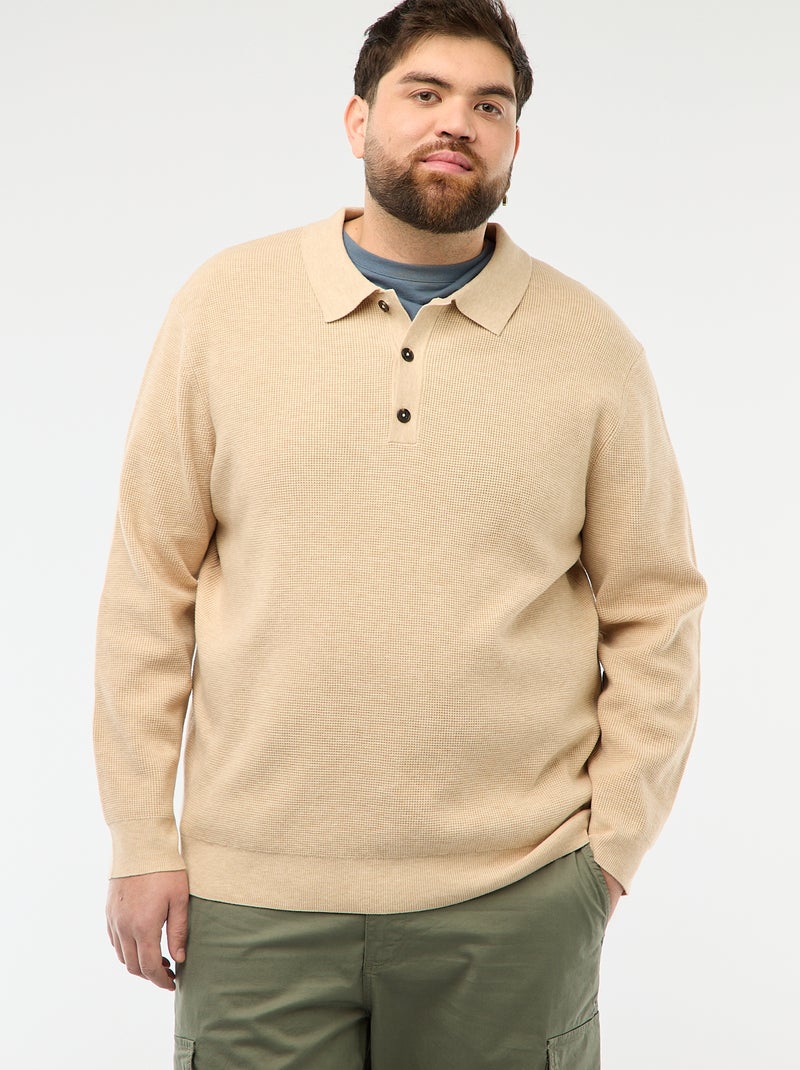 Jersey liso cuello polo abotonado Beige - Kiabi