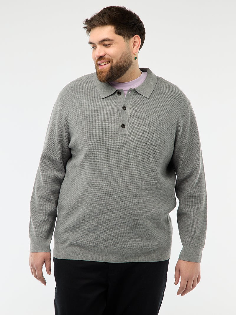Jersey liso cuello polo abotonado Gris - Kiabi