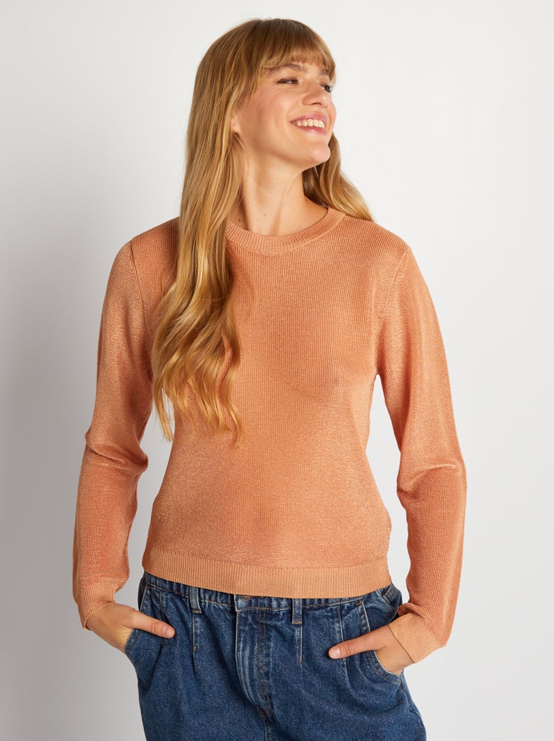 Jersey liso de efecto rejilla con cuello redondo MARRON - Kiabi